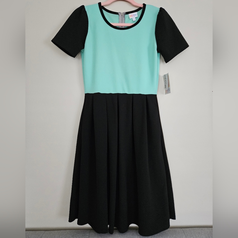 NWT LuLaRoe Amelia Black & Mint Color Block Dress Pockets Size Small Spandex USA
